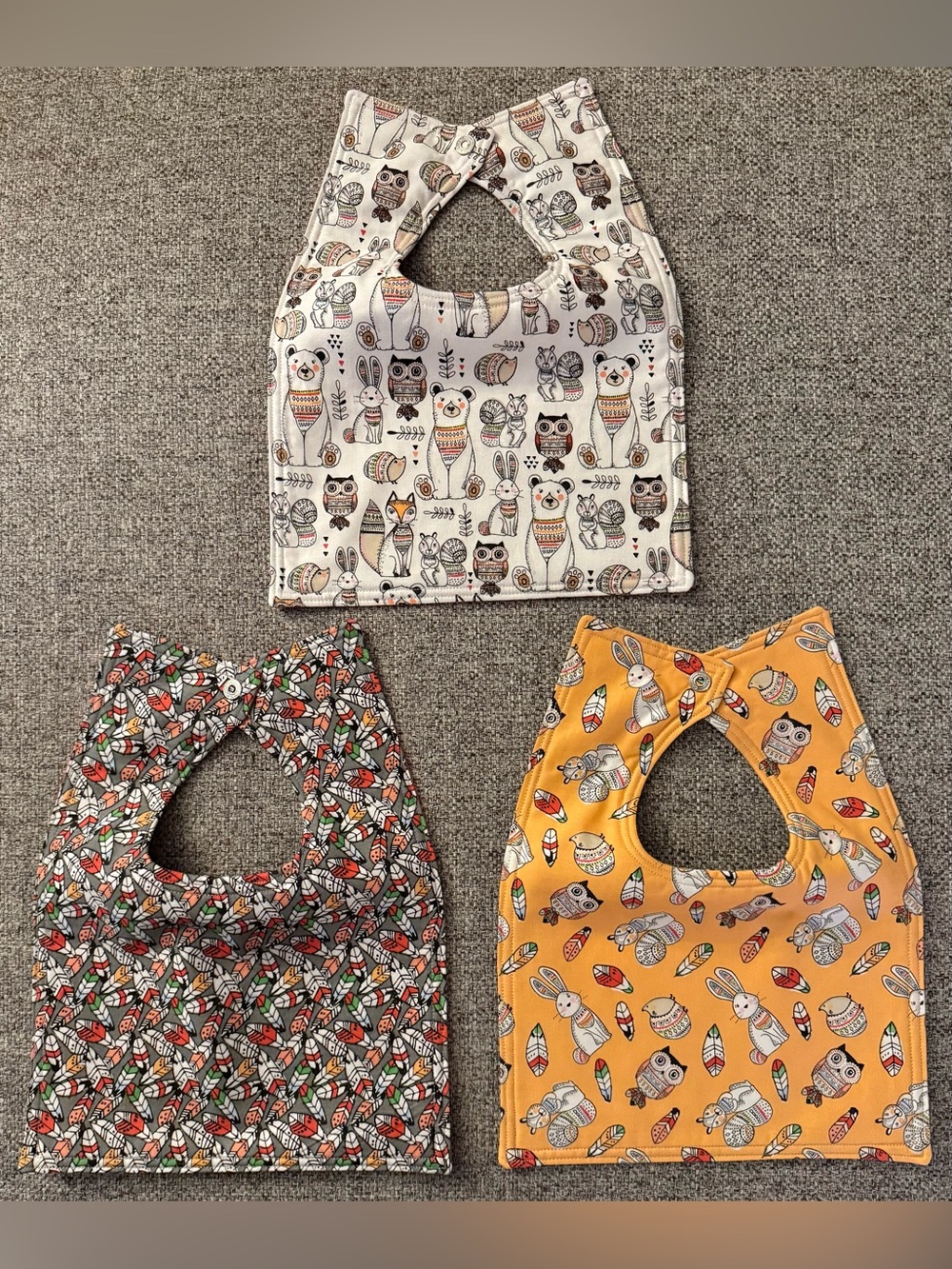 Set of 3 NEW hand-sewn bibs - Owl/Feathers/Bunny/Bear